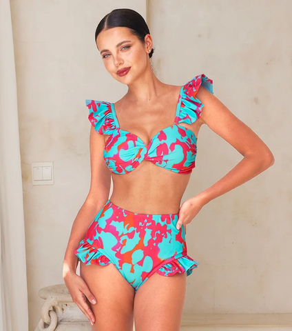Printed Ruffled Starp High Waist Bikini Swimsuit and Skirt