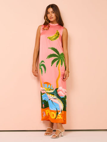 Vacation Sleveeless Jungle Printed Dress