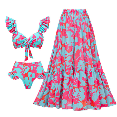 Printed Ruffle Bikini Swimsuit and Skirt	