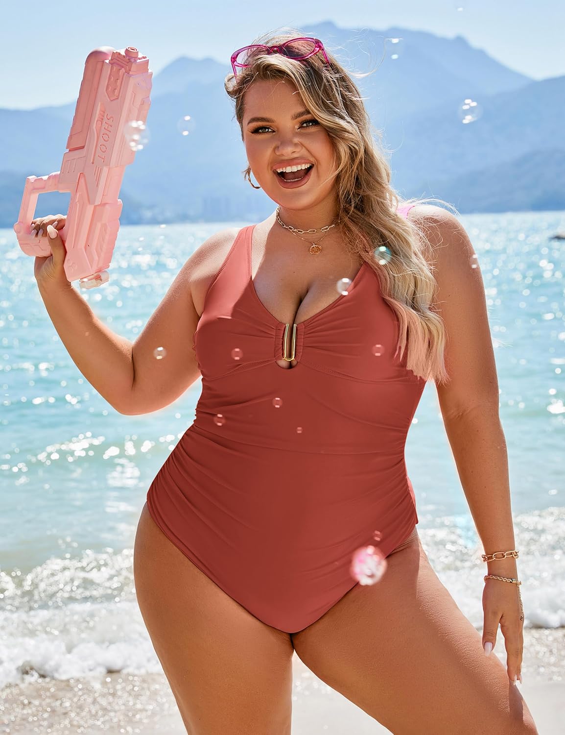 Vibecurve® Women's Tummy Control Swimsuits Ruched Slimming One Piece Bathing Suit Deep V Neck Swimsuit	
