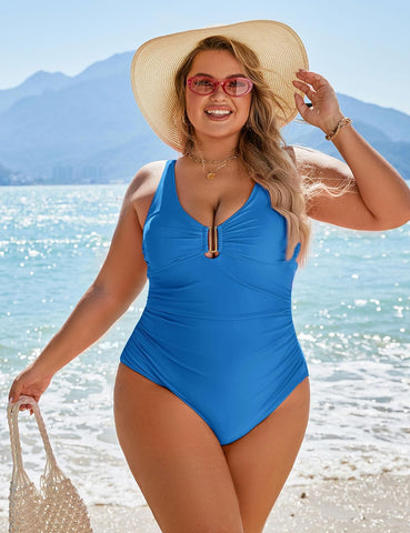 Vibecurve® Women's Tummy Control Swimsuits Ruched Slimming One Piece Bathing Suit Deep V Neck Swimsuit	
