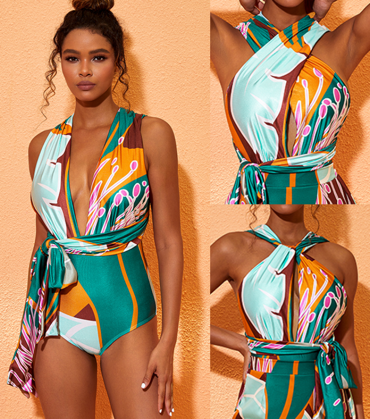 Halter Printed One Piece Swimsuit and Skirt Flaxmaker	