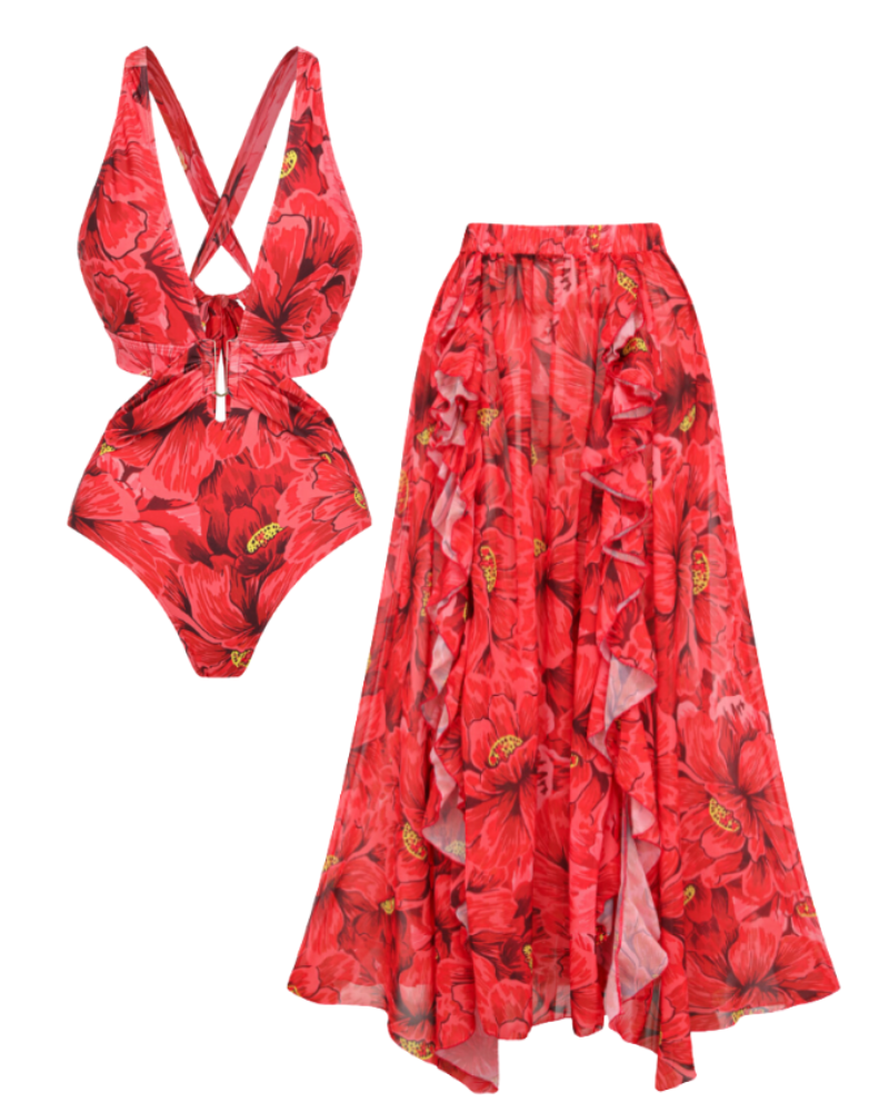 Blooming Red Flower Print Cut Out One Piece Swimsuit and Skirt