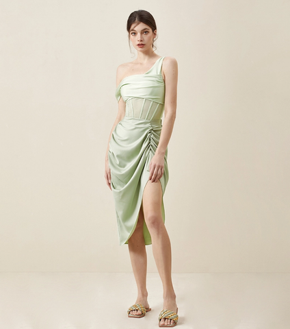 One Shoulder Net Yarn Splicing One Piece Swimsuit and Skirt
