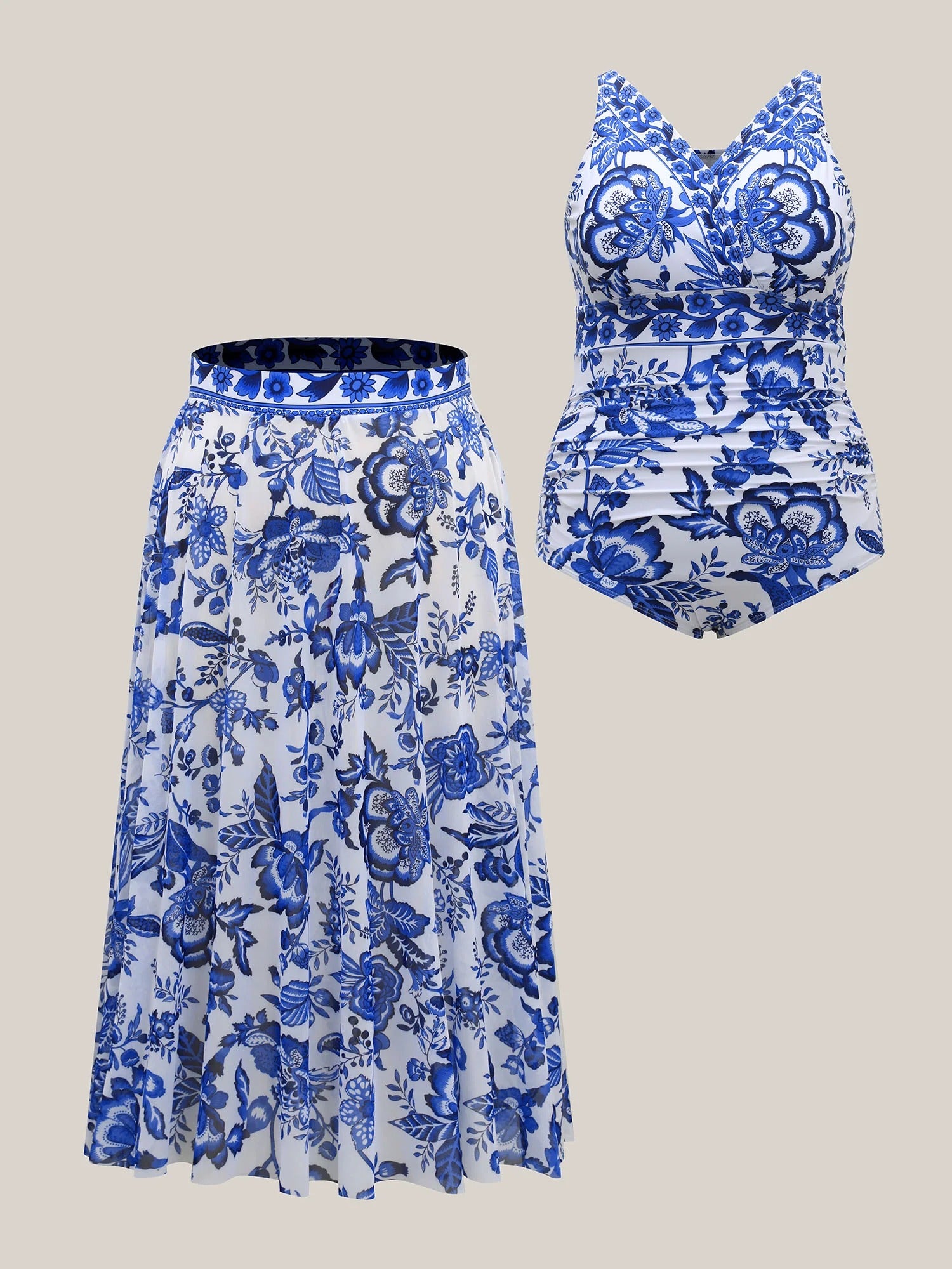 Vibecurve® Two-Piece Floral Print Ruched Mesh Swimsuit, Sarong	