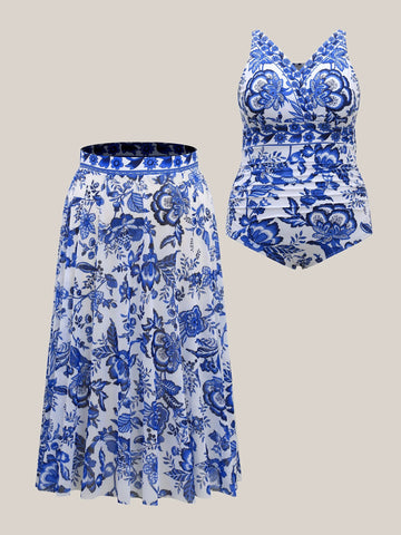 Vibecurve® Two-Piece Floral Print Ruched Mesh Swimsuit, Sarong	