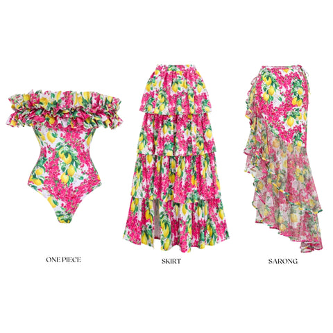 Bandeau Ruffled Lemon Floral Print One Piece Swimsuit and Mesh Splicing Sarong