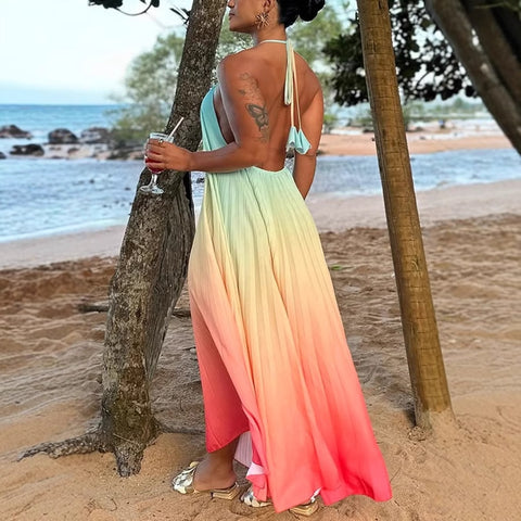 Vacation Backless Ombre Print Dress
