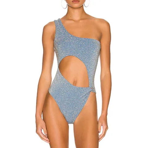 Pearl Shoulder Strap Cutout Shiny Texture One Piece Swimsuit