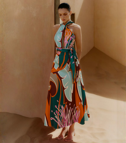 Halter Printed One Piece Swimsuit and Skirt Flaxmaker	