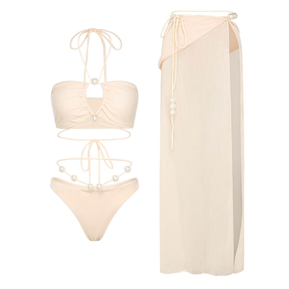 Halterneck Pearl Bandeau High Waist Bikini Swimsuit and Sarong