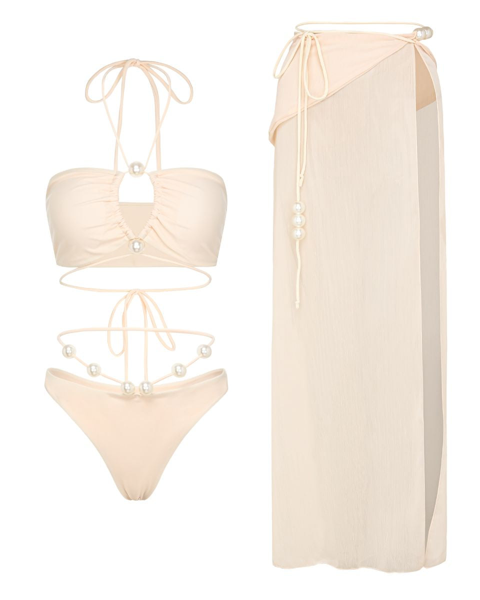 Pearl Detail Halter Lace Up Bikini Swimsuit and Sarong Flaxmaker	