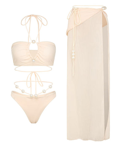 Pearl Detail Halter Lace Up Bikini Swimsuit and Sarong Flaxmaker	
