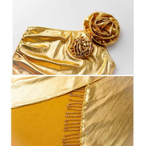 3D Flower Golden Fabric One Piece Swimsuit and Skirt