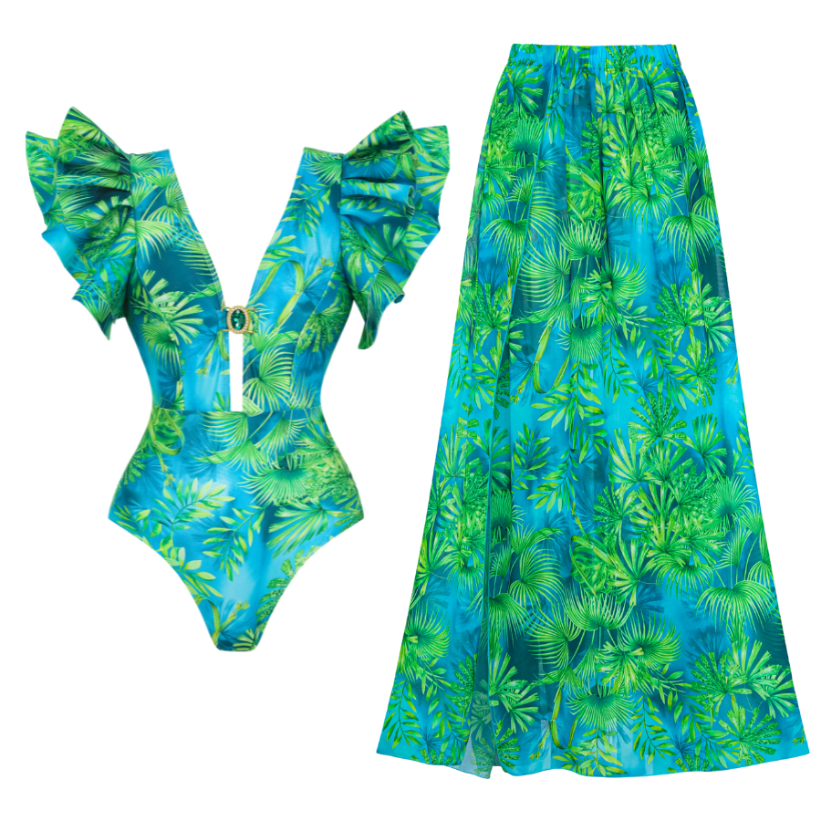 Ruffled Jungle Green Print One Piece  Swimsuit and Skirt	