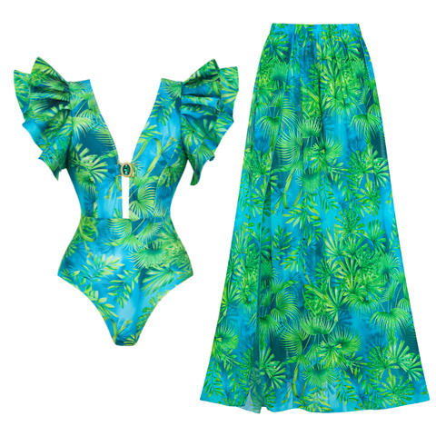 Ruffled Jungle Green Print One Piece  Swimsuit and Skirt	