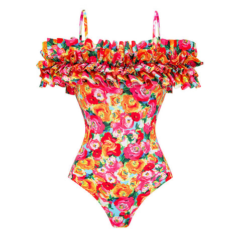 Detachable Double Shoulder Strap With Ruffles One Piece Swimsuit and sarong