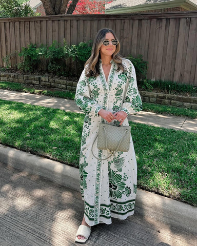 V Neck Retro Printed In Green Dress
