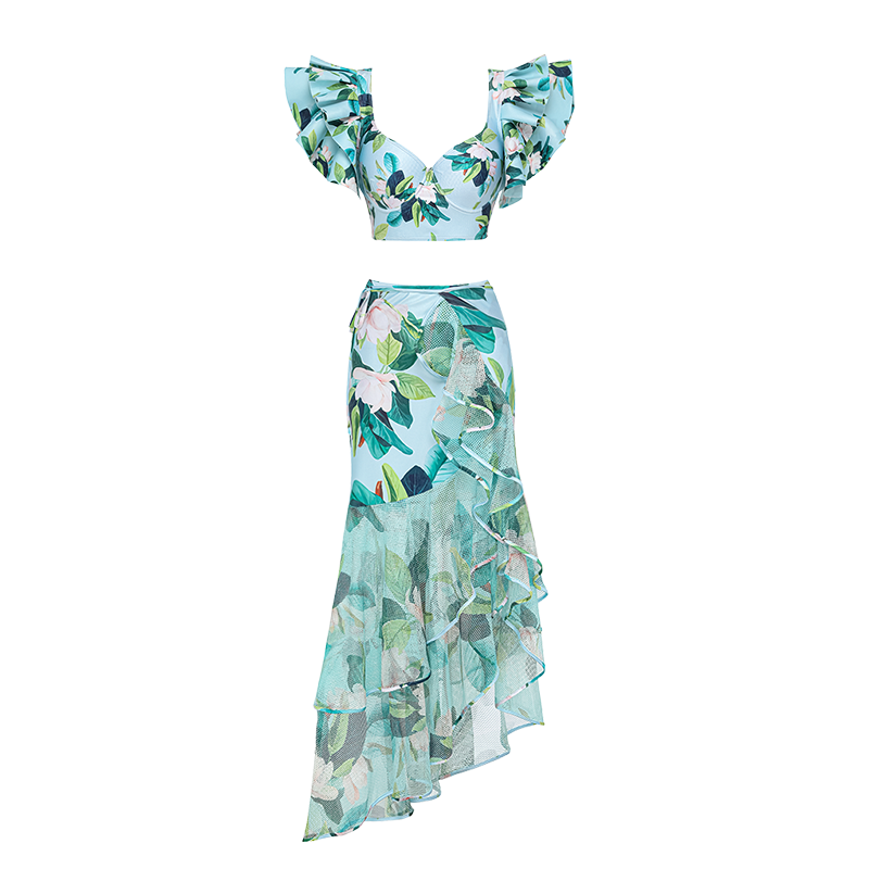 Ruffle Mangnolia Print Bikini Swimsuit and Skirt	