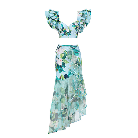 Ruffle Mangnolia Print Bikini Swimsuit and Skirt	