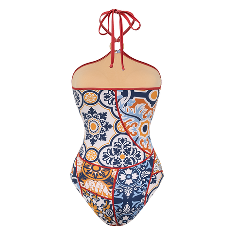 Printed Halter One Piece Swimsuit and Sarong