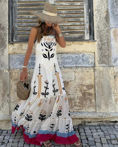 Ruffle Retro Printed Sling Dress
