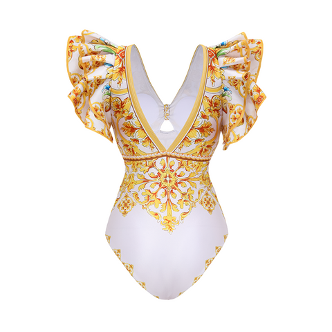Ruffle V Neck  Golden Majolica Print One Piece Swimsuit and Scooter skirt