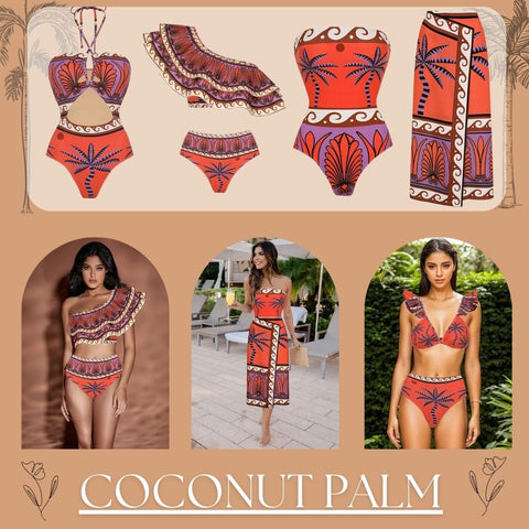 One Shoulder Ruffle Printed Bikini Swimsuit and Skirt