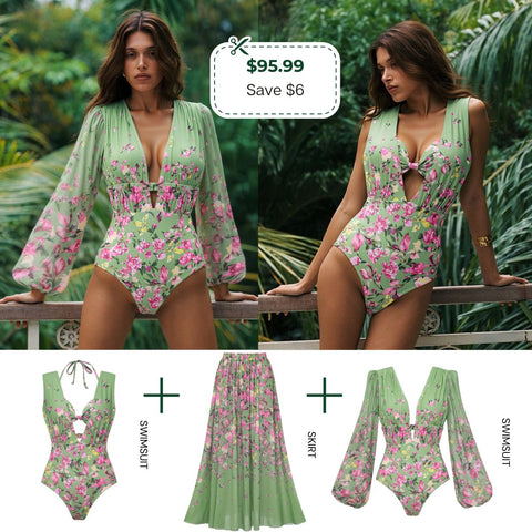 Long Sleeve Floral One Piece Swimsuit and Skirt