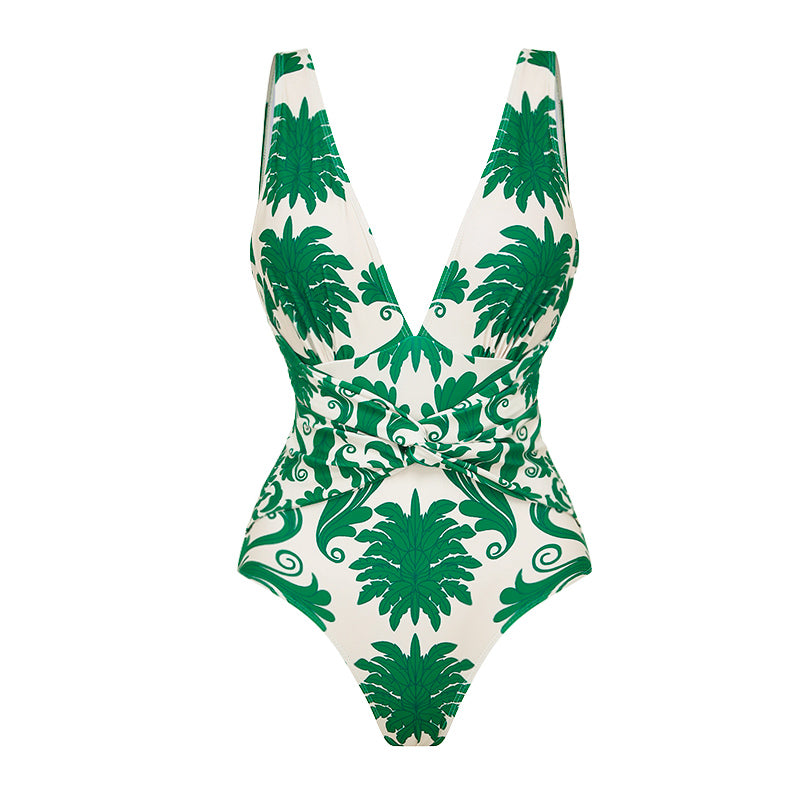 V Neck Green Printed Knotted at Waist Tummy Control One piece Swimsuit and Skirts or Pants	