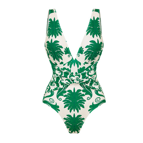 V Neck Green Printed Knotted at Waist Tummy Control One piece Swimsuit and Skirts or Pants	