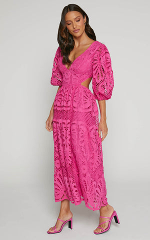 V Neck Puff Sleeve Lace Dress