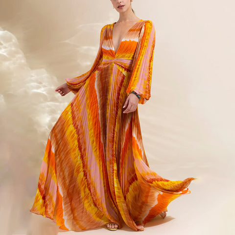 V Neck Chiffon Long Sleeve Orange One Piece Swimsuit and Skirt