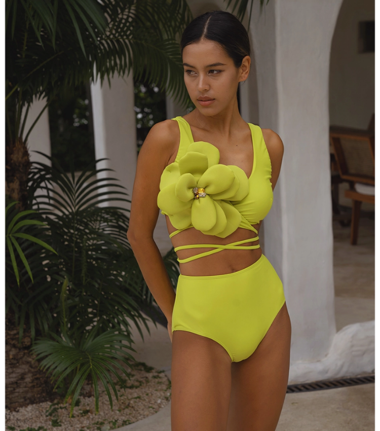 Lace-up Hand-stitched 3D flowers Bikini purple	