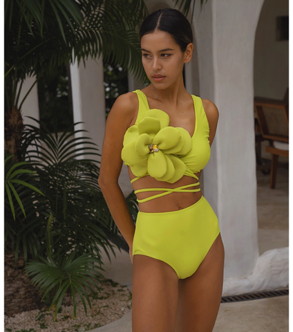 Lace-up Hand-stitched 3D flowers Bikini purple	