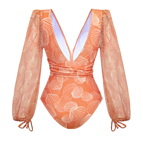 Shell Print Long Sleeve One Piece Swimsuit
