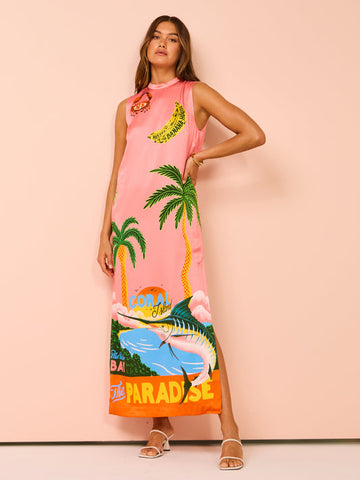 Vacation Sleveeless Jungle Printed Dress