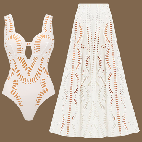 Laser White Hollow Out One Piece Swimsuit and Skirt