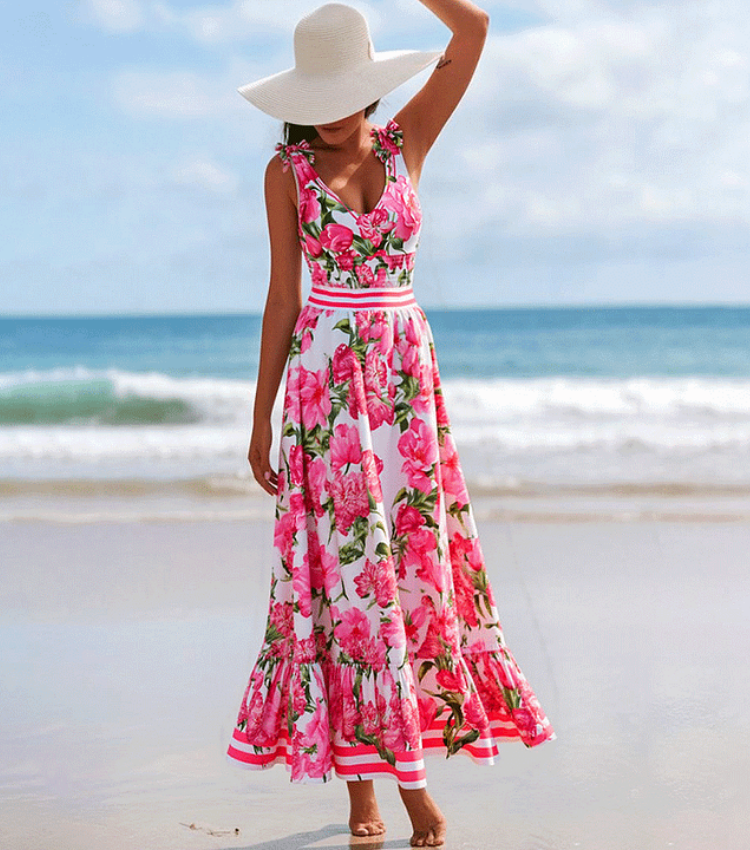 Tie Shoulder Shirring Flower Print One Piece Swimsuit and Skirt	