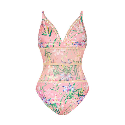 V Neck Floral Print One Piece Swimsuit and Mesh Splicing Skirt