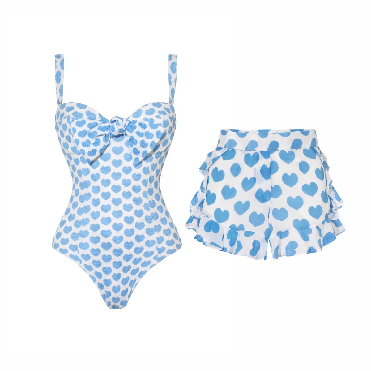 Bowknot Heart Print One Piece Swimsuit and Skirt	