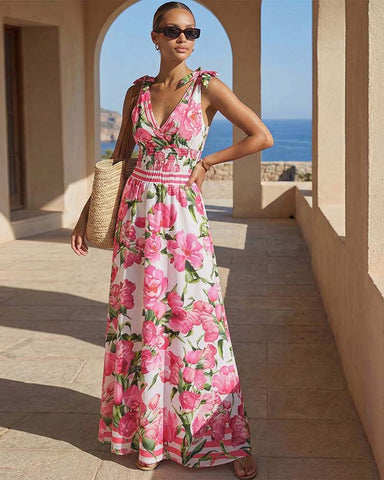 Tie Shoulder Shirring Flower Print One Piece Swimsuit and Skirt	