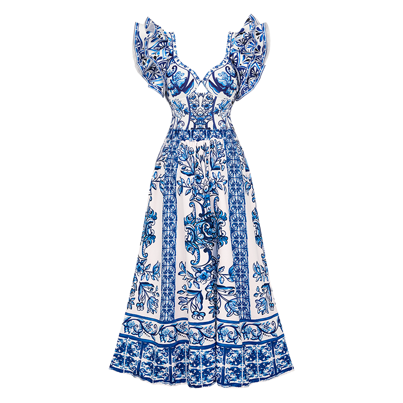 Ruffle Blue and White Porcelain Pattern Majolica Print One Piece Swimsuit and Skirt or Sarong	