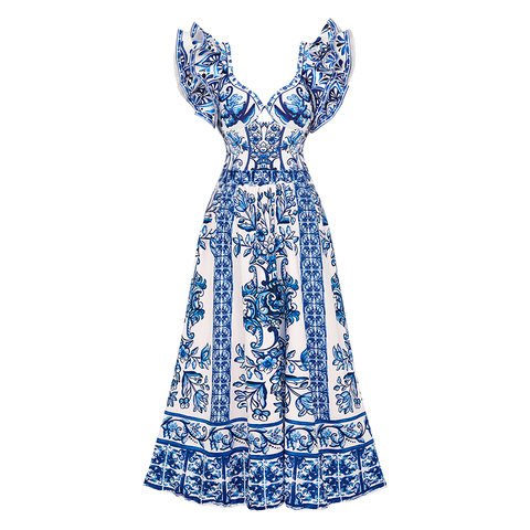 Ruffle Blue and White Porcelain Pattern Majolica Print One Piece Swimsuit and Skirt or Sarong	