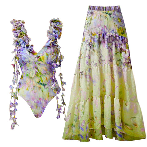 Gradient Flowers Printed One Piece Swimsuit and Skirt