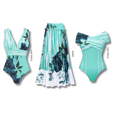 Blossom Print One Piece Swimsuit and Skirt	