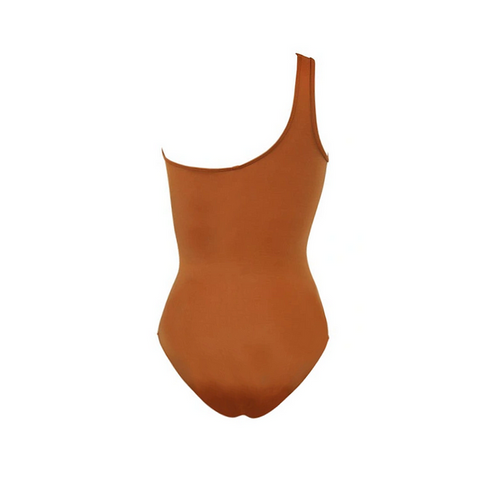 One Shoulder Ruched Rust See Through One Piece Swimsuit and sarong
