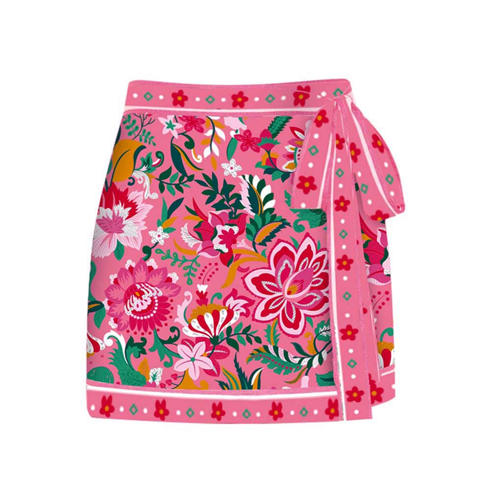 Pink Floral Paradise Print V-neck One Piece Swimsuit and Skirt	