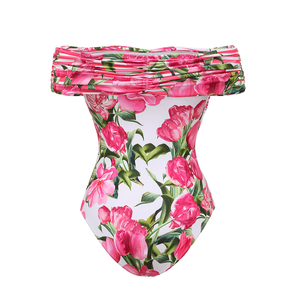 Ruched Off Shoulder Flower Print One Piece Swimsuit and Skirt	