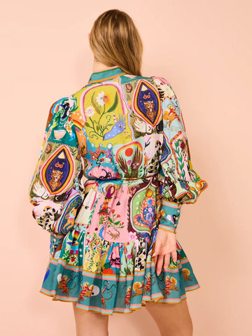Lace up Printed Lantern Long Sleeve Mini Dress